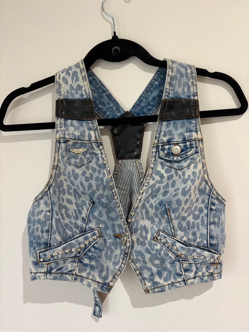 Y2k Mcbling Leopard Print Denim Vest with Stud Rhinestone Details